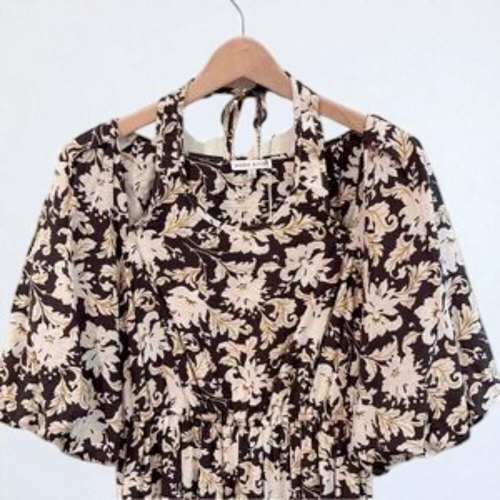 NWT Moon River Black Floral Print Puff Sleeve with Halter Midi Dress - Picture 6 of 11